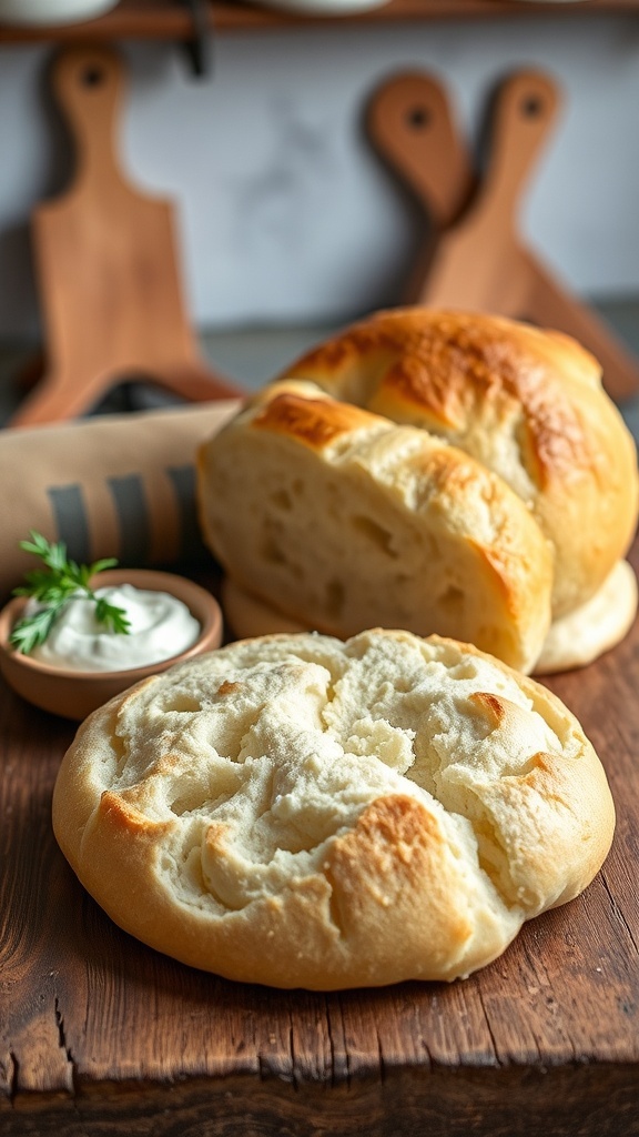 Fluffy cloud bread on a wooden table with cream cheese spread and herbs.